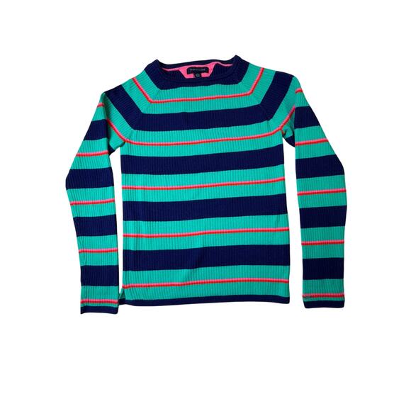 Tommy Hilfiger Girl size 12-14Stripe Sweater Green Pink Long Sleeve Crewneck - Picture 1 of 7